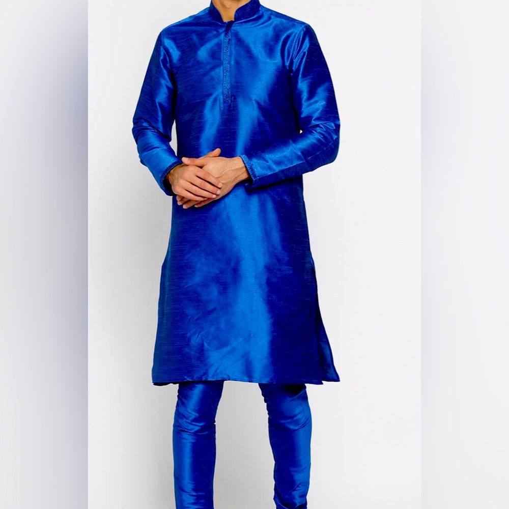 Mens Blue Kurta Pyjama Set - Silk Blue - Ethnic Wedding Private Event Menswear